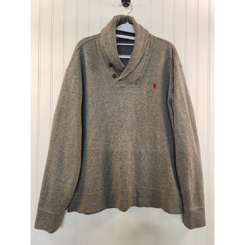 Polo Ralph Lauren Mens XL Shawl Collar Pullover Sweater Gray Cotton Logo Preppy